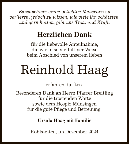 Anzeige von Reinhold Haag von Reutlinger General-Anzeiger