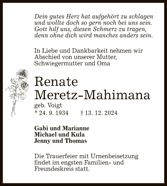 Anzeige von Renate Meretz-Mahimana von Reutlinger General-Anzeiger