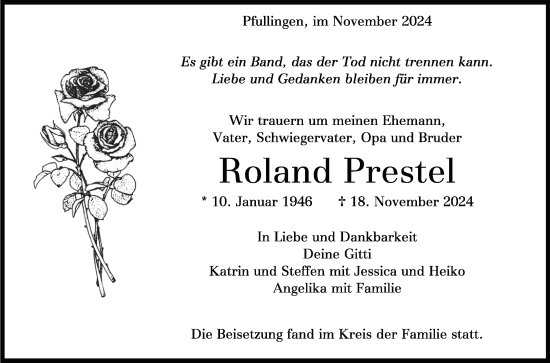 Anzeige von Roland Prestel von Reutlinger General-Anzeiger