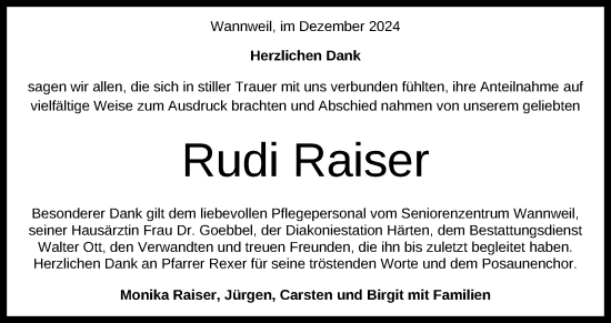 Anzeige von Rudi Raiser von Reutlinger General-Anzeiger