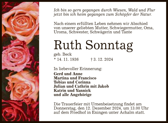 Anzeige von Ruth Sonntag von Reutlinger General-Anzeiger