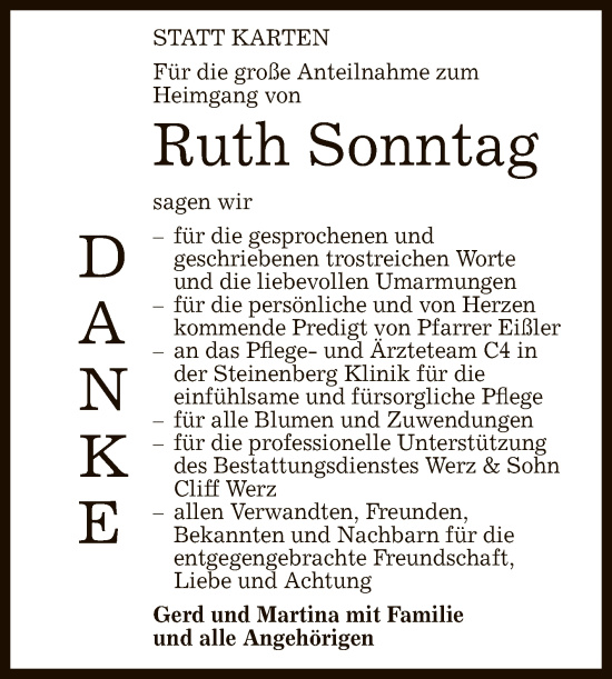 Anzeige von Ruth Sonntag von Reutlinger General-Anzeiger