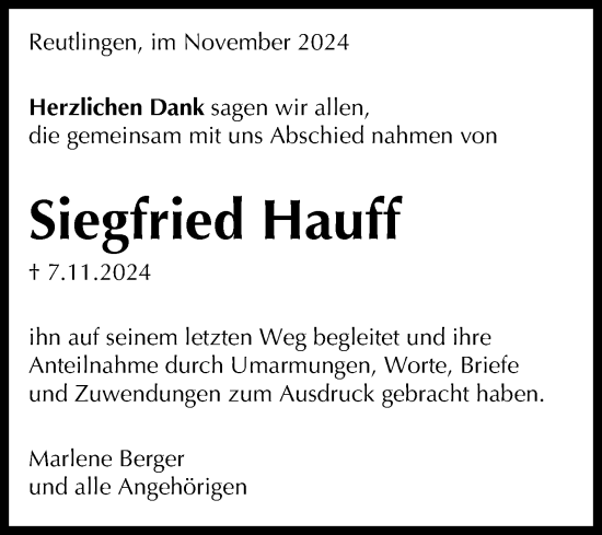 Anzeige von Siegfried Hauff von Reutlinger General-Anzeiger