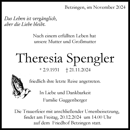 Anzeige von Theresia Spengler von Reutlinger General-Anzeiger