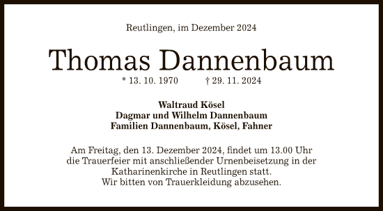 Anzeige von Thomas Dannenbaum von Reutlinger General-Anzeiger