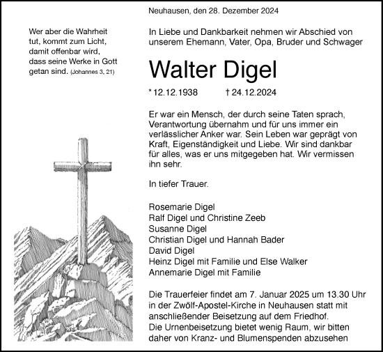 Anzeige von Walter Digel von Reutlinger General-Anzeiger