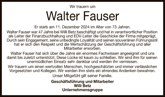 Anzeige von Walter Fauser von Reutlinger General-Anzeiger