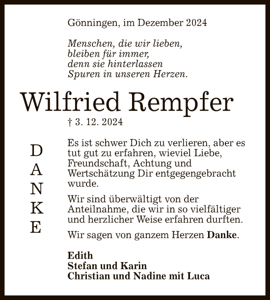 Anzeige von Wilfried Rempfer von Reutlinger General-Anzeiger