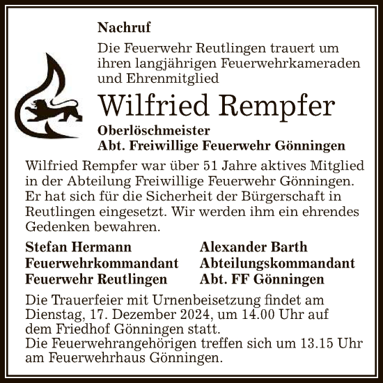 Anzeige von Wilfried Rempfer von Reutlinger General-Anzeiger