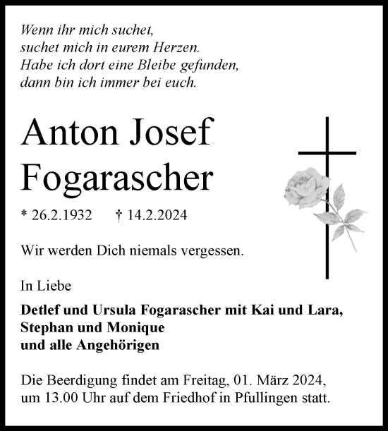 Anzeige von Anton Josef Fogarascher von Reutlinger General-Anzeiger