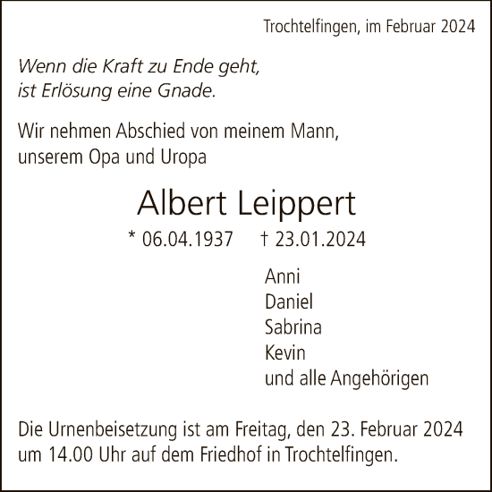 Anzeige von Albert Leippert von Reutlinger General-Anzeiger