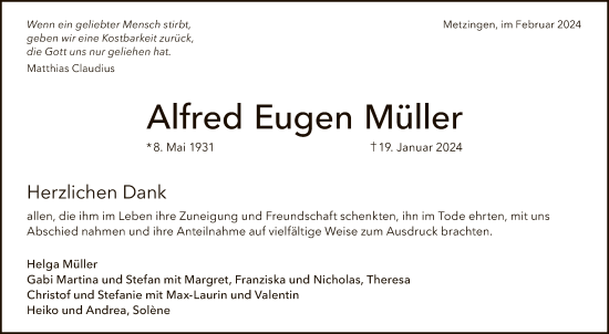 Anzeige von Alfred Eugen Müller von Reutlinger General-Anzeiger