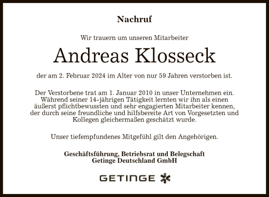 Anzeige von Andreas Klosseck von Reutlinger General-Anzeiger