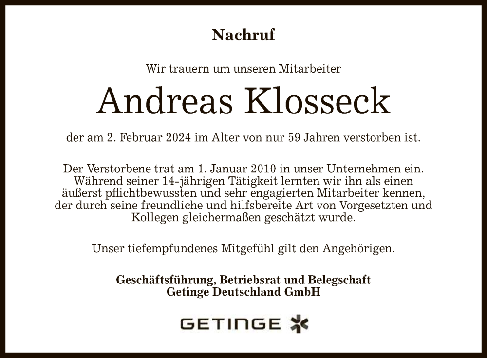 Traueranzeige für Andreas Klosseck vom 10.02.2024 aus Reutlinger General-Anzeiger