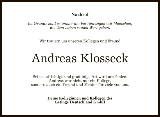 Anzeige von Andreas Klosseck von Reutlinger General-Anzeiger