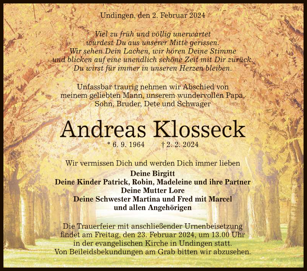  Traueranzeige für Andreas Klosseck vom 10.02.2024 aus Reutlinger General-Anzeiger