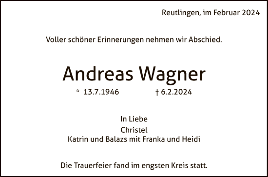 Anzeige von Andreas Wagner von Reutlinger General-Anzeiger