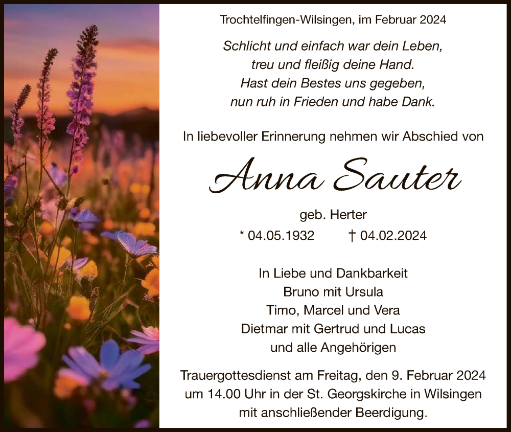  Traueranzeige für Anna Sauter vom 07.02.2024 aus Reutlinger General-Anzeiger