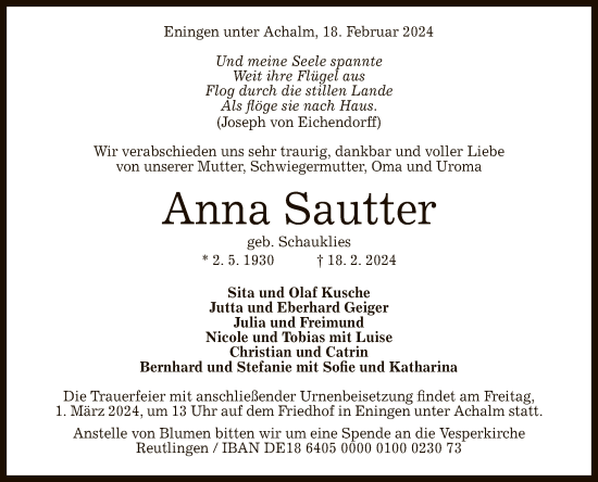 Anzeige von Anna Sautter von Reutlinger General-Anzeiger