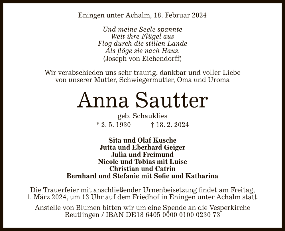  Traueranzeige für Anna Sautter vom 24.02.2024 aus Reutlinger General-Anzeiger