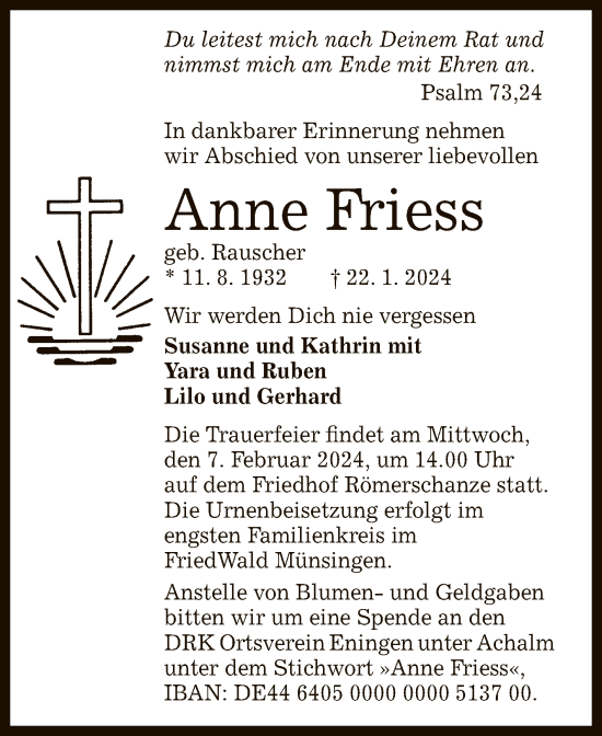 Anzeige von Anne Friess von Reutlinger General-Anzeiger