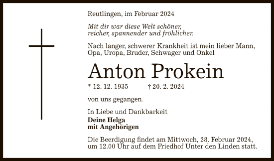 Anzeige von Anton Prokein von Reutlinger General-Anzeiger