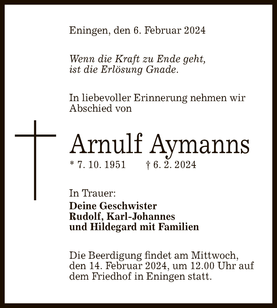  Traueranzeige für Arnulf Aymanns vom 10.02.2024 aus Reutlinger General-Anzeiger
