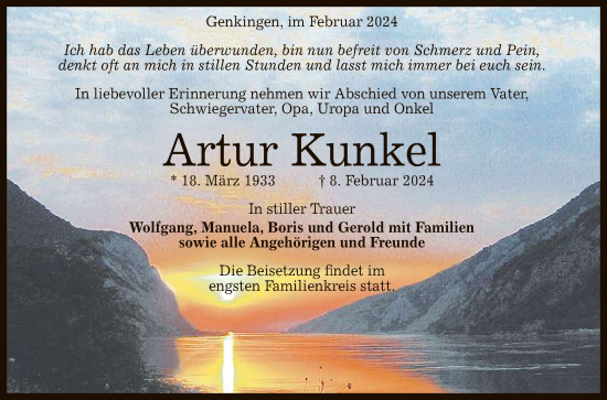 Anzeige von Artur Kunkel von Reutlinger General-Anzeiger