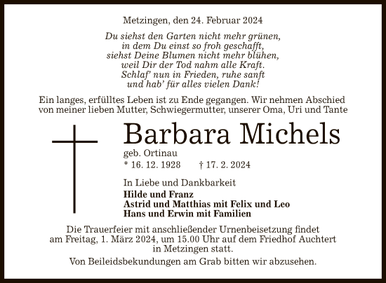 Anzeige von Barbara Michels von Reutlinger General-Anzeiger