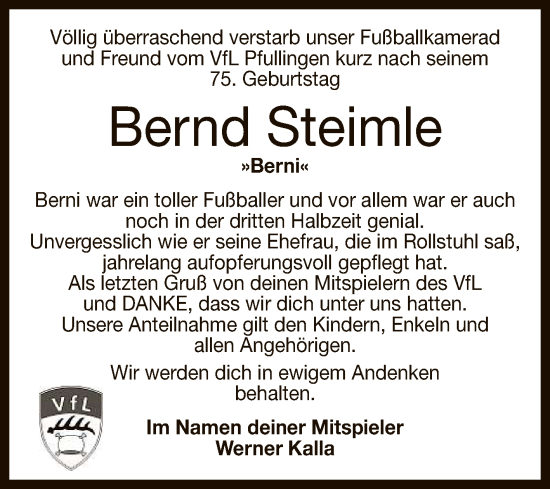 Anzeige von Bernd Steimle von Reutlinger General-Anzeiger