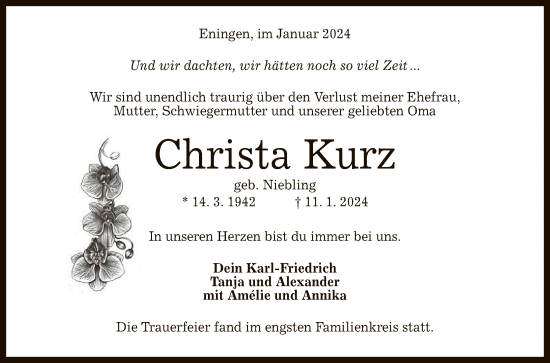 Anzeige von Christa Kurz von Reutlinger General-Anzeiger