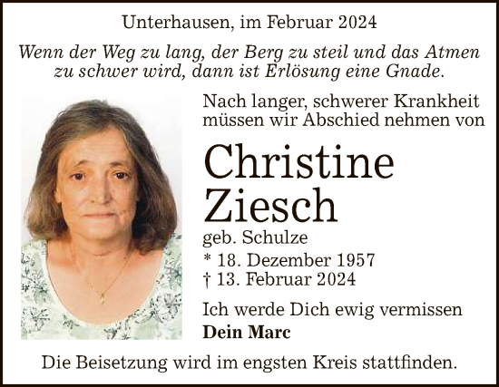 Anzeige von Christine Ziesch von Reutlinger General-Anzeiger