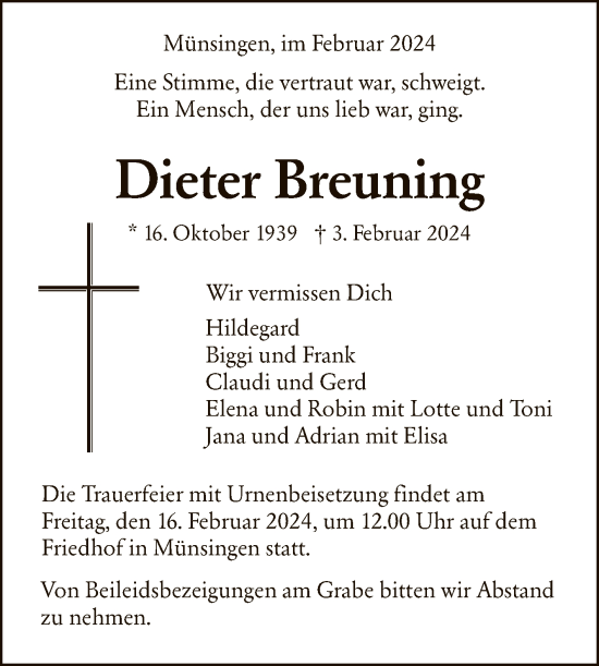Anzeige von Dieter Breuning von Reutlinger General-Anzeiger