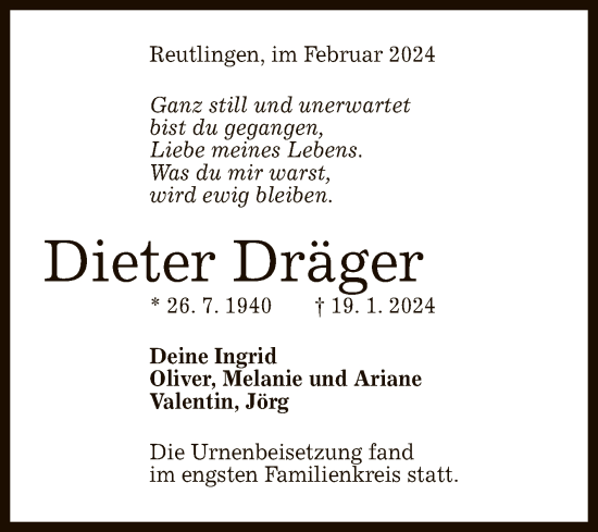 Anzeige von Dieter Dräger von Reutlinger General-Anzeiger