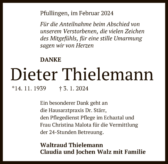 Anzeige von Dieter Thielemann von Reutlinger General-Anzeiger