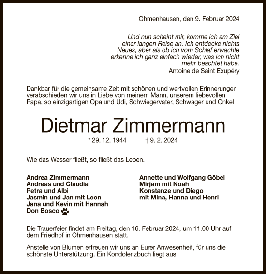 Anzeige von Dietmar Zimmermann von Reutlinger General-Anzeiger