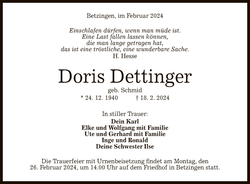  Traueranzeige für Doris Dettinger vom 21.02.2024 aus Reutlinger General-Anzeiger