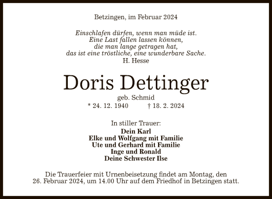 Anzeige von Doris Dettinger von Reutlinger General-Anzeiger