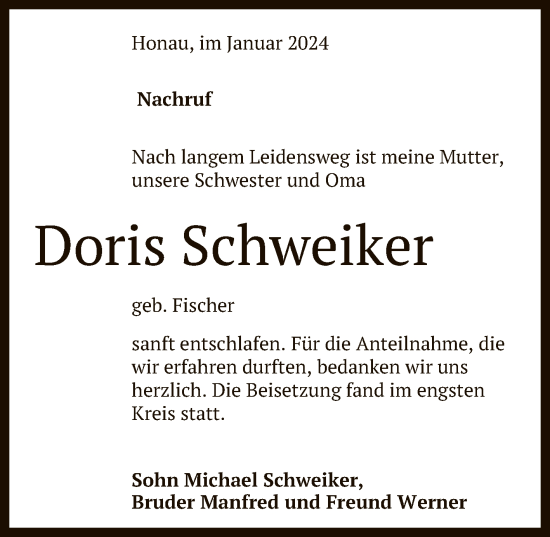 Anzeige von Doris Schweiker von Reutlinger General-Anzeiger
