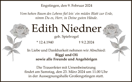 Anzeige von Edith Niedner von Reutlinger General-Anzeiger