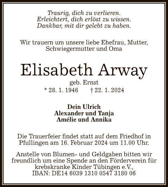 Anzeige von Elisabeth Arway von Reutlinger General-Anzeiger
