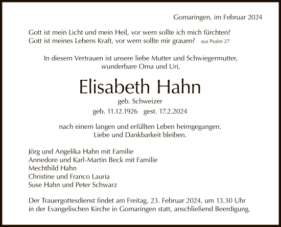 Anzeige von Elisabeth Hahn von Reutlinger General-Anzeiger