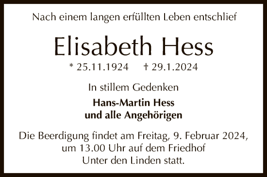 Anzeige von Elisabeth Hess von Reutlinger General-Anzeiger
