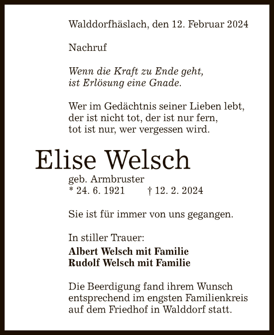 Anzeige von Elise Welsch von Reutlinger General-Anzeiger