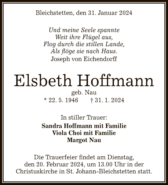 Anzeige von Elsbeth Hoffmann von Reutlinger General-Anzeiger