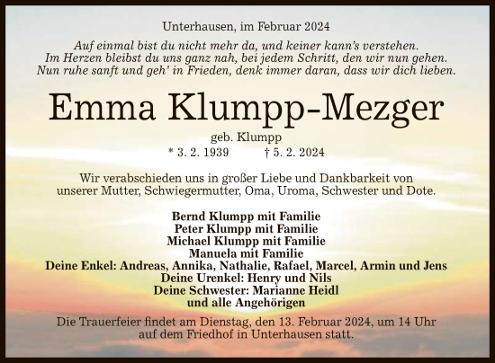 Anzeige von Emma Klumpp-Mezger von Reutlinger General-Anzeiger