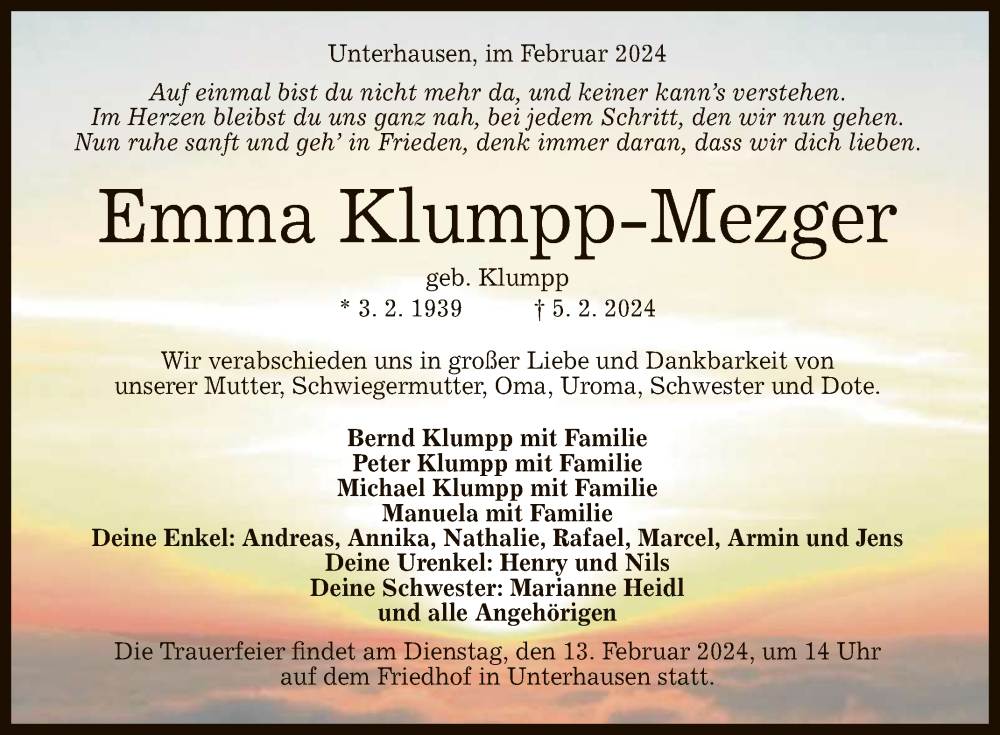  Traueranzeige für Emma Klumpp-Mezger vom 10.02.2024 aus Reutlinger General-Anzeiger