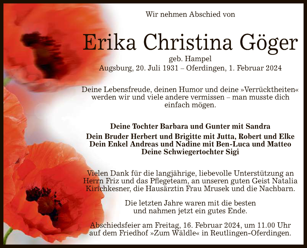  Traueranzeige für Erika Christina Göger vom 10.02.2024 aus Reutlinger General-Anzeiger