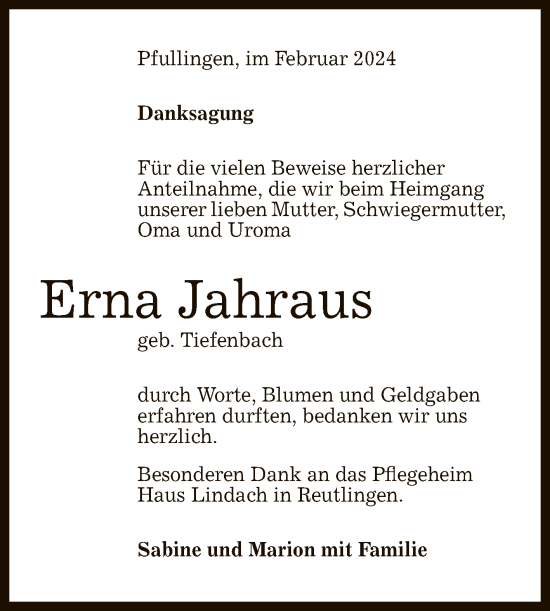 Anzeige von Erna Jahraus von Reutlinger General-Anzeiger