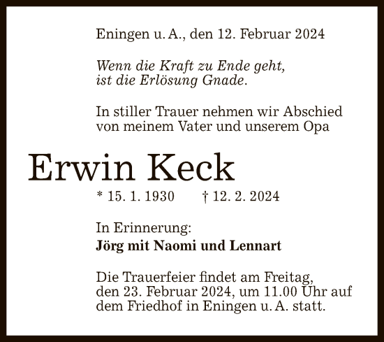 Anzeige von Erwin Keck von Reutlinger General-Anzeiger